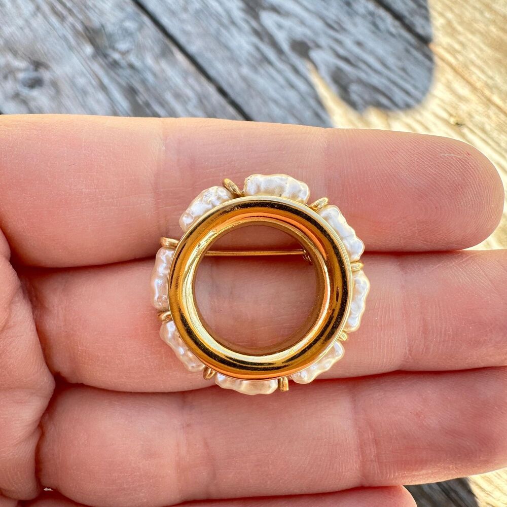Vintage Napier Faux Pearl Brooch, Gold Tone Circle Pin